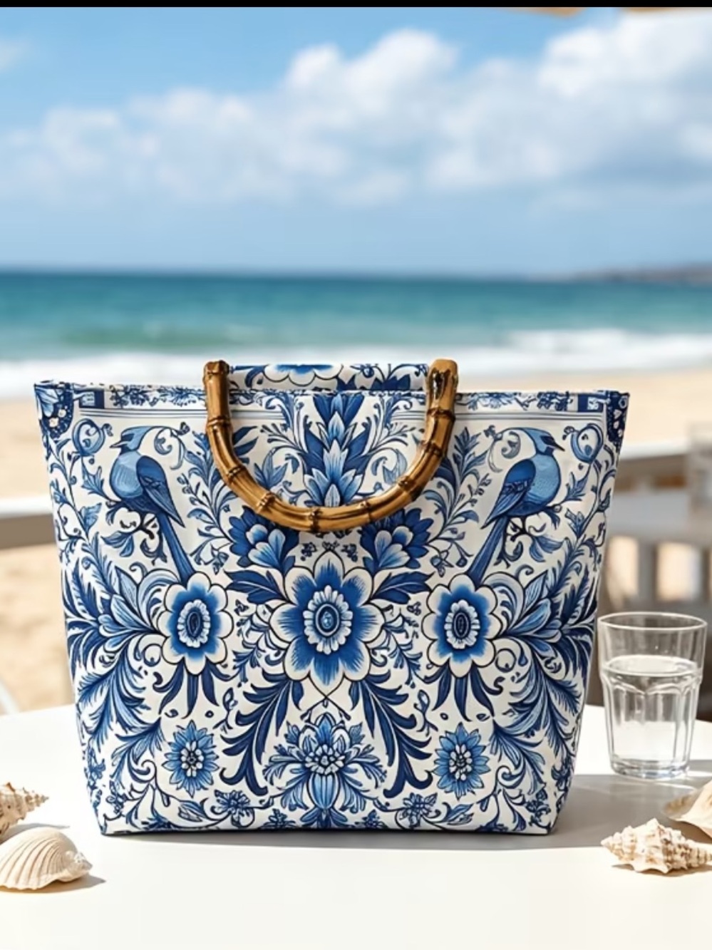 New Vintage Inspired Blue & White Porcelain Floral  & Bird Motifs Tote